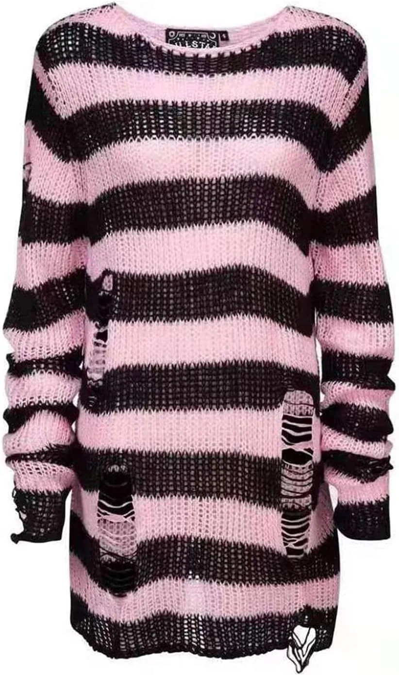 Peaceglad Womens Oversized Goth Punk Ripped Striped Long Sleeve Pullover Sweater Dress Tops