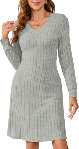 PerZeal Women's Casual V Neck Long Sleeve Knit 2025 Trendy Spring Dresses Solid Color A Line Midi Dress Sweater Dress