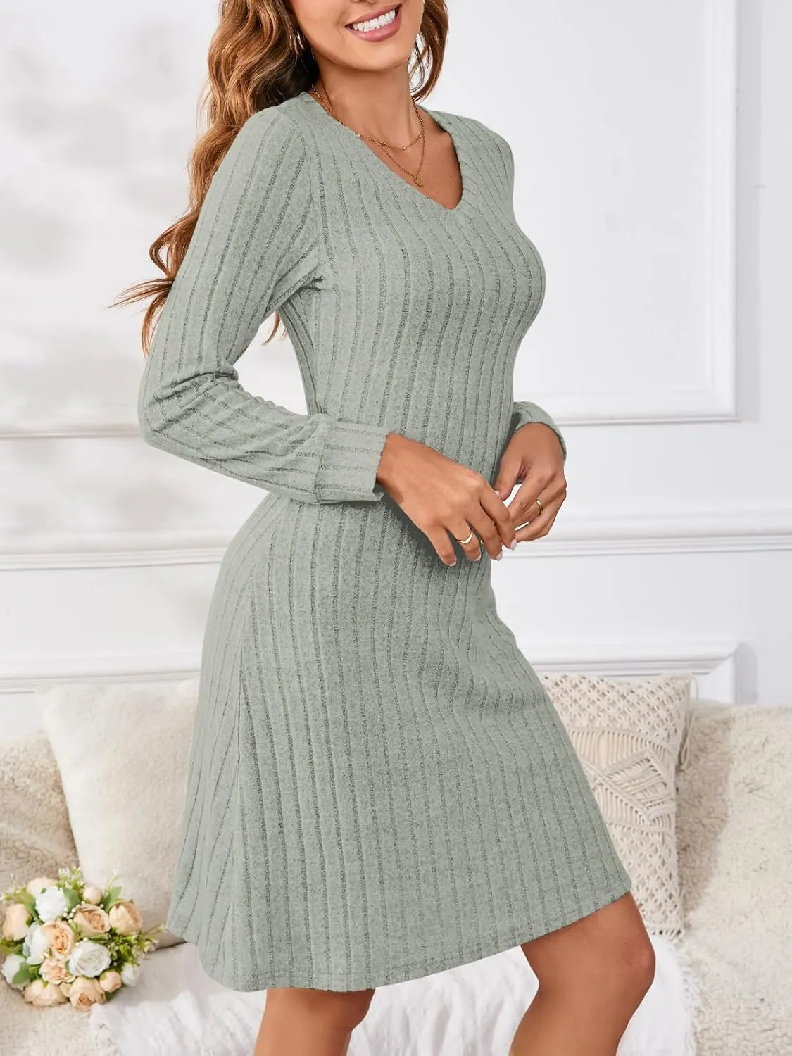 PerZeal Women's Casual V Neck Long Sleeve Knit 2025 Trendy Spring Dresses Solid Color A Line Midi Dress Sweater Dress