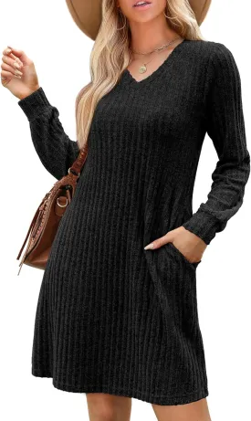 PerZeal Women's Casual V Neck Long Sleeve Knit 2025 Trendy Spring Dresses Solid Color A Line Midi Dress Sweater Dress