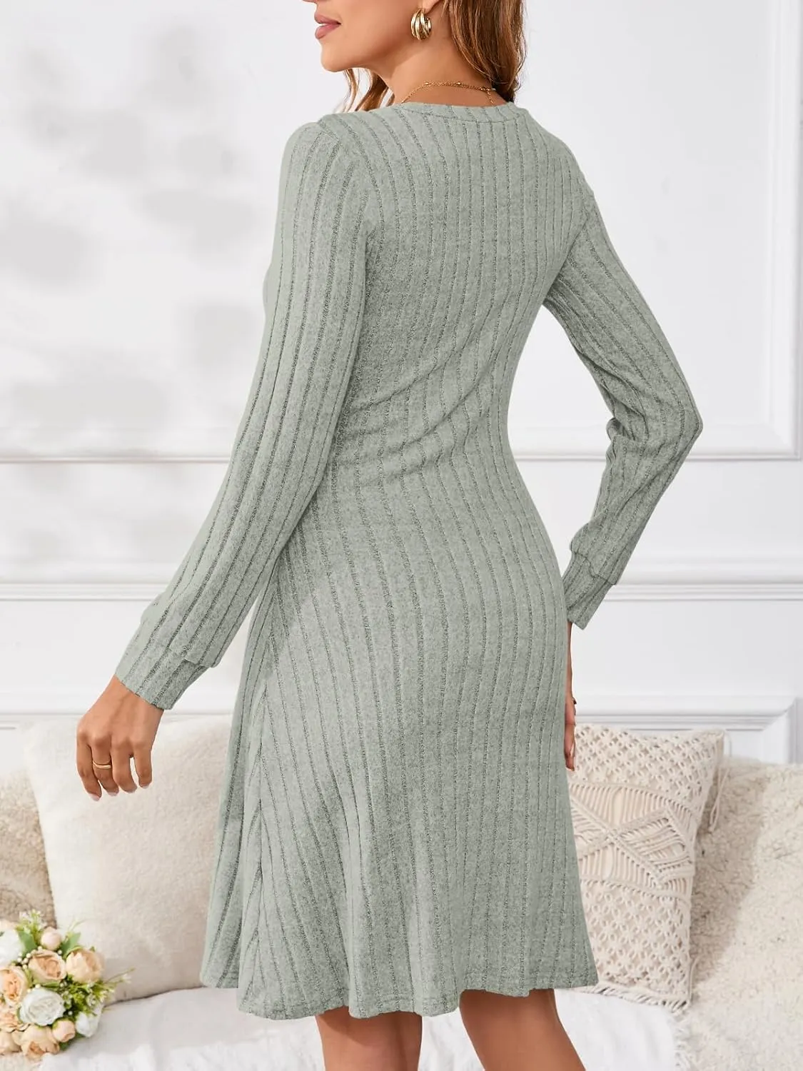 PerZeal Women's Casual V Neck Long Sleeve Knit 2025 Trendy Spring Dresses Solid Color A Line Midi Dress Sweater Dress