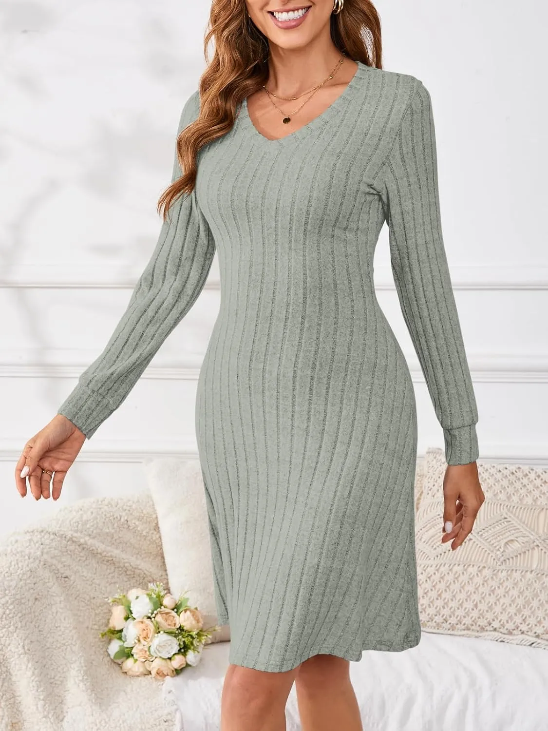 PerZeal Women's Casual V Neck Long Sleeve Knit 2025 Trendy Spring Dresses Solid Color A Line Midi Dress Sweater Dress