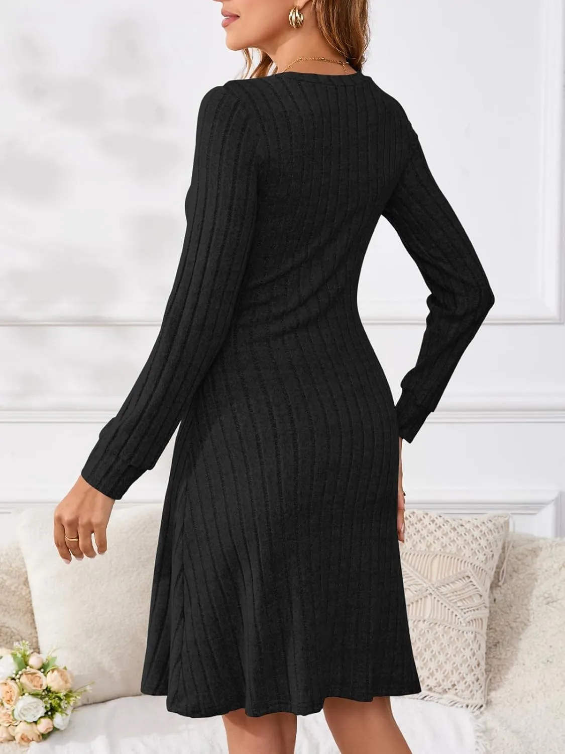 PerZeal Women's Casual V Neck Long Sleeve Knit 2025 Trendy Spring Dresses Solid Color A Line Midi Dress Sweater Dress