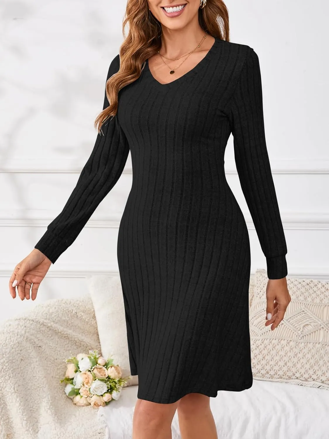 PerZeal Women's Casual V Neck Long Sleeve Knit 2025 Trendy Spring Dresses Solid Color A Line Midi Dress Sweater Dress