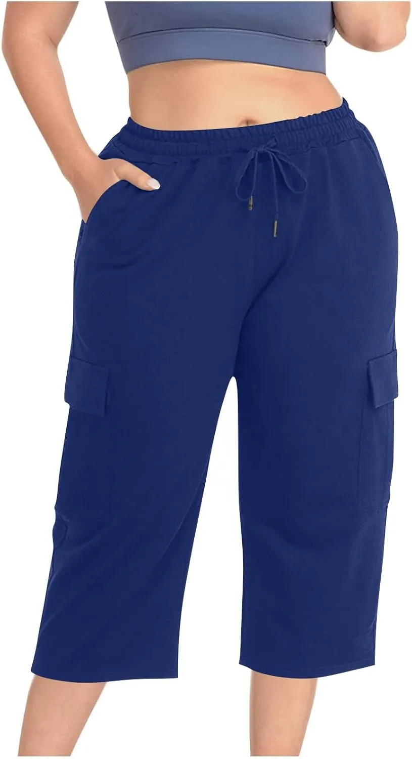 Plus Size Capri Pants for Women Stretch Cropped Cargo Pants Drawstring Elastic Waist Wide Leg Loose Comfy Joggers