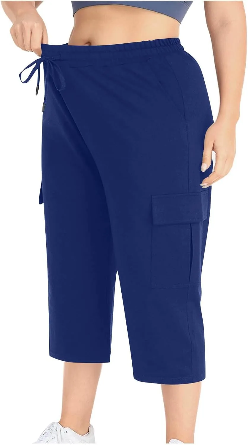 Plus Size Capri Pants for Women Stretch Cropped Cargo Pants Drawstring Elastic Waist Wide Leg Loose Comfy Joggers