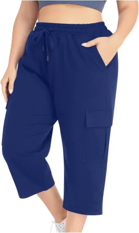 Plus Size Capri Pants for Women Stretch Cropped Cargo Pants Drawstring Elastic Waist Wide Leg Loose Comfy Joggers