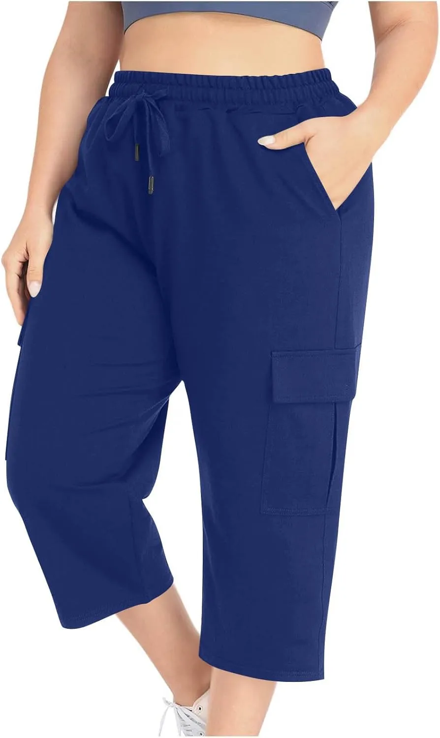 Plus Size Capri Pants for Women Stretch Cropped Cargo Pants Drawstring Elastic Waist Wide Leg Loose Comfy Joggers