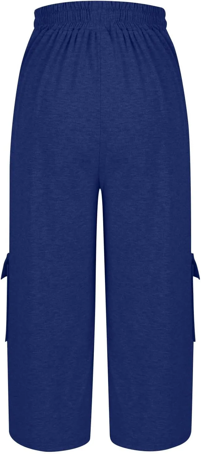 Plus Size Capri Pants for Women Stretch Cropped Cargo Pants Drawstring Elastic Waist Wide Leg Loose Comfy Joggers
