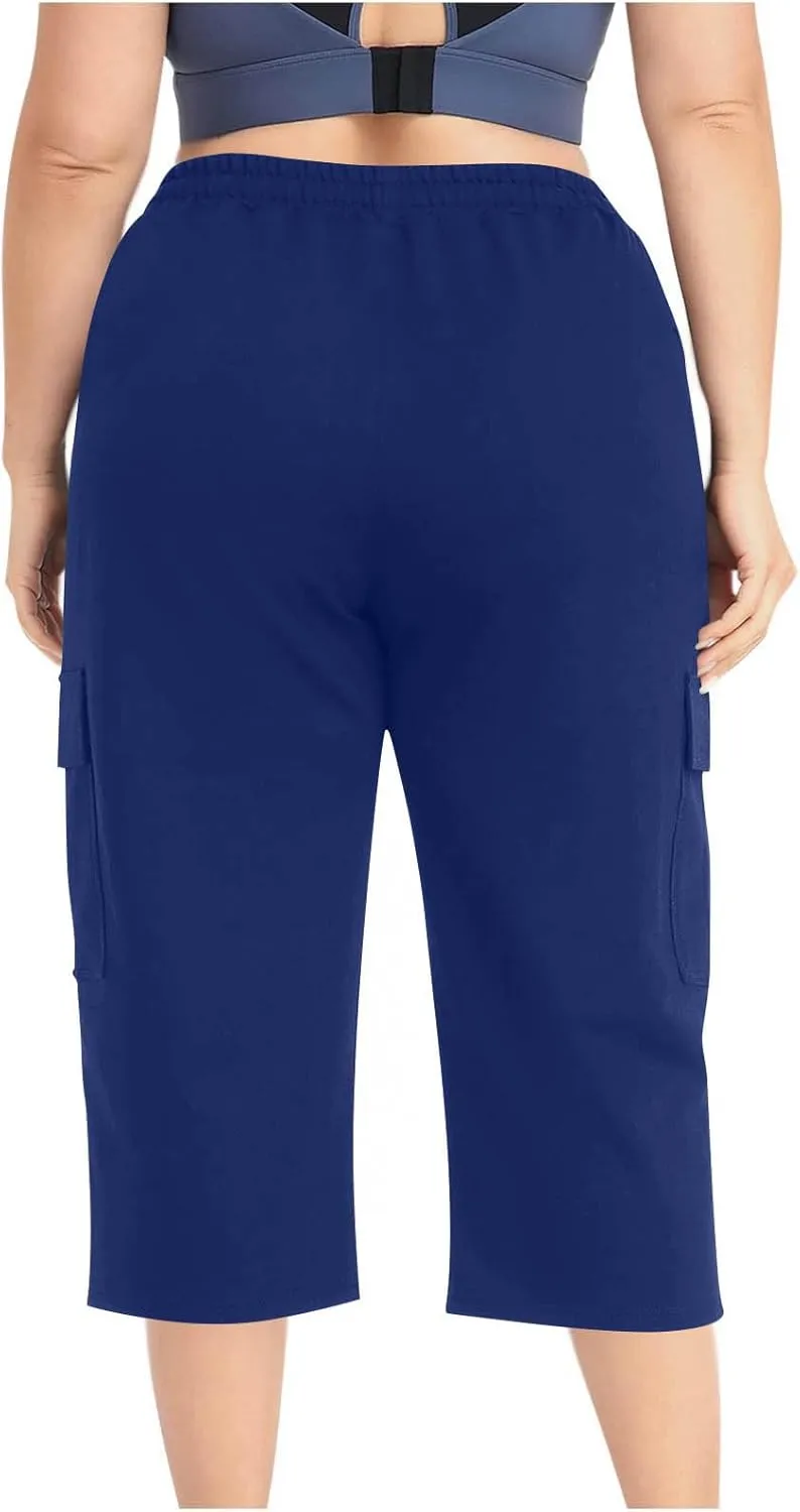 Plus Size Capri Pants for Women Stretch Cropped Cargo Pants Drawstring Elastic Waist Wide Leg Loose Comfy Joggers