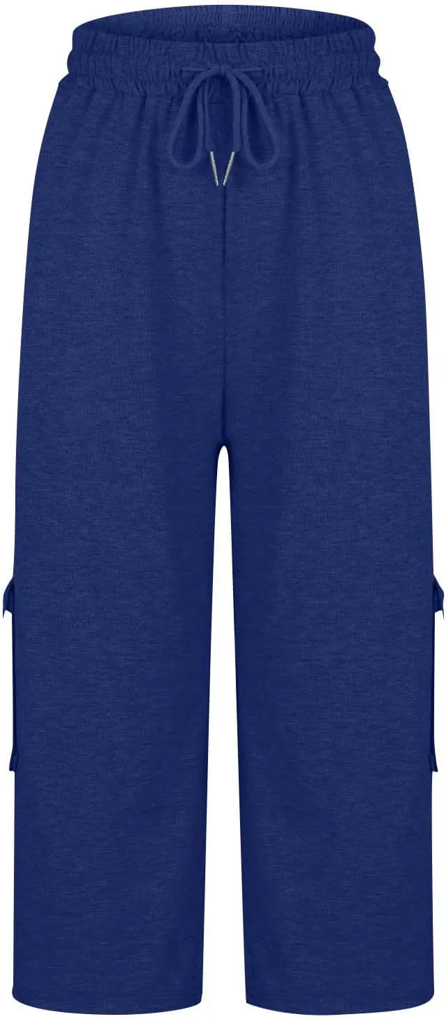 Plus Size Capri Pants for Women Stretch Cropped Cargo Pants Drawstring Elastic Waist Wide Leg Loose Comfy Joggers