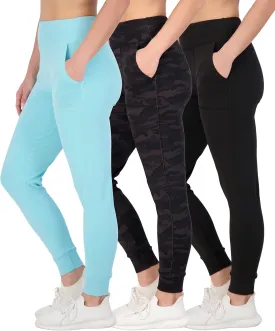 Real Essentials 3 Pack: Women's Joggers with Pockets - High Waist Workout Yoga Tapered Athletic Leggings (Available in Plus)