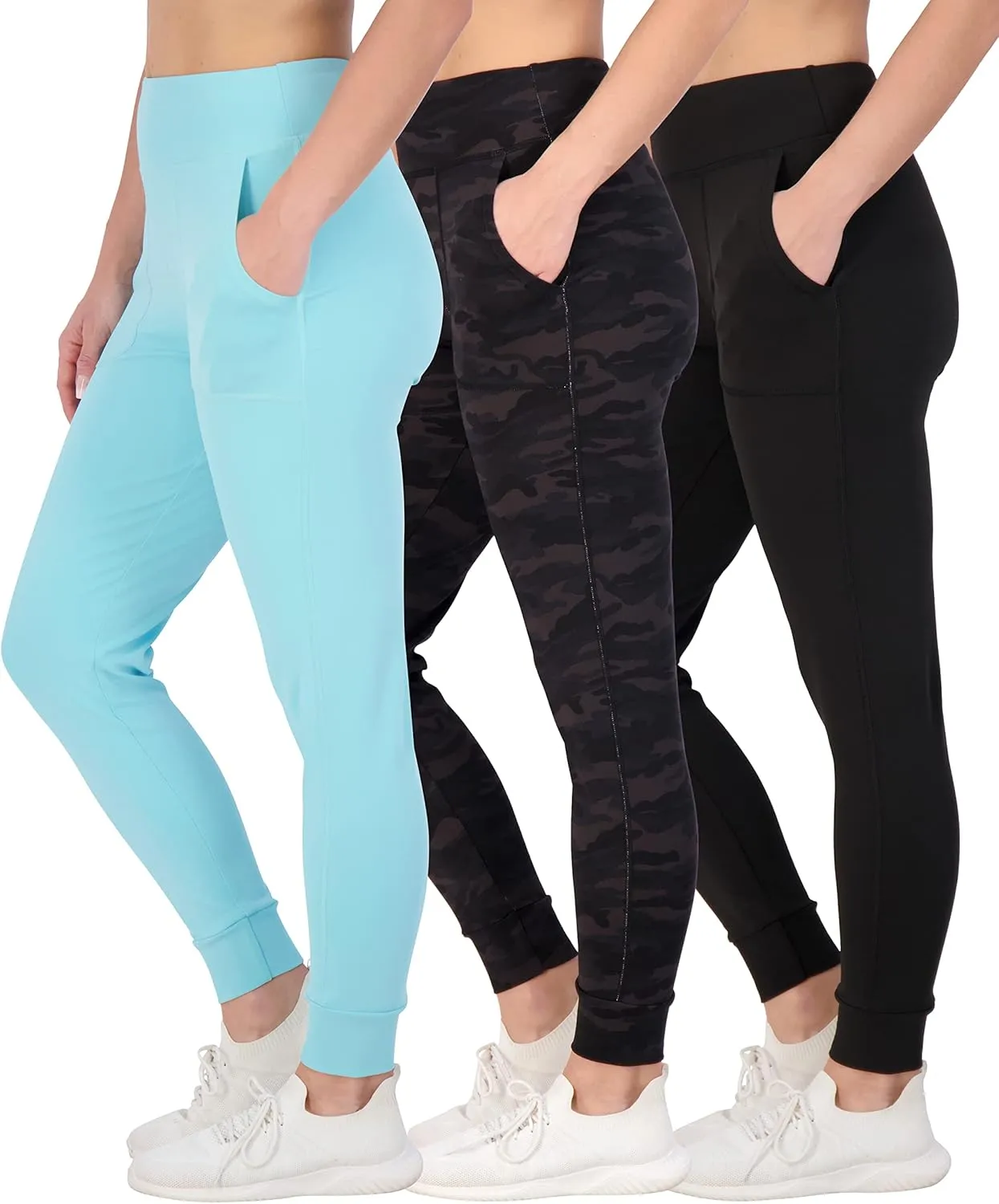 Real Essentials 3 Pack: Women's Joggers with Pockets - High Waist Workout Yoga Tapered Athletic Leggings (Available in Plus)