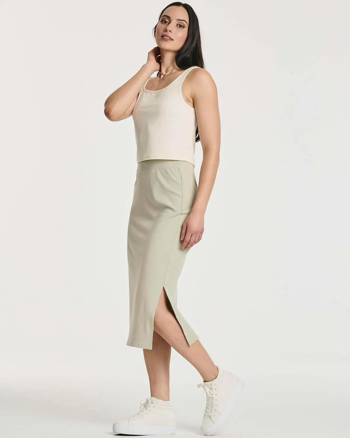 Real Essentials 3 Pack: Women's Midi Ribbed Knit Skirt with Side Slit - Stretchy Work Business Casual Pencil Pull-On Skirts