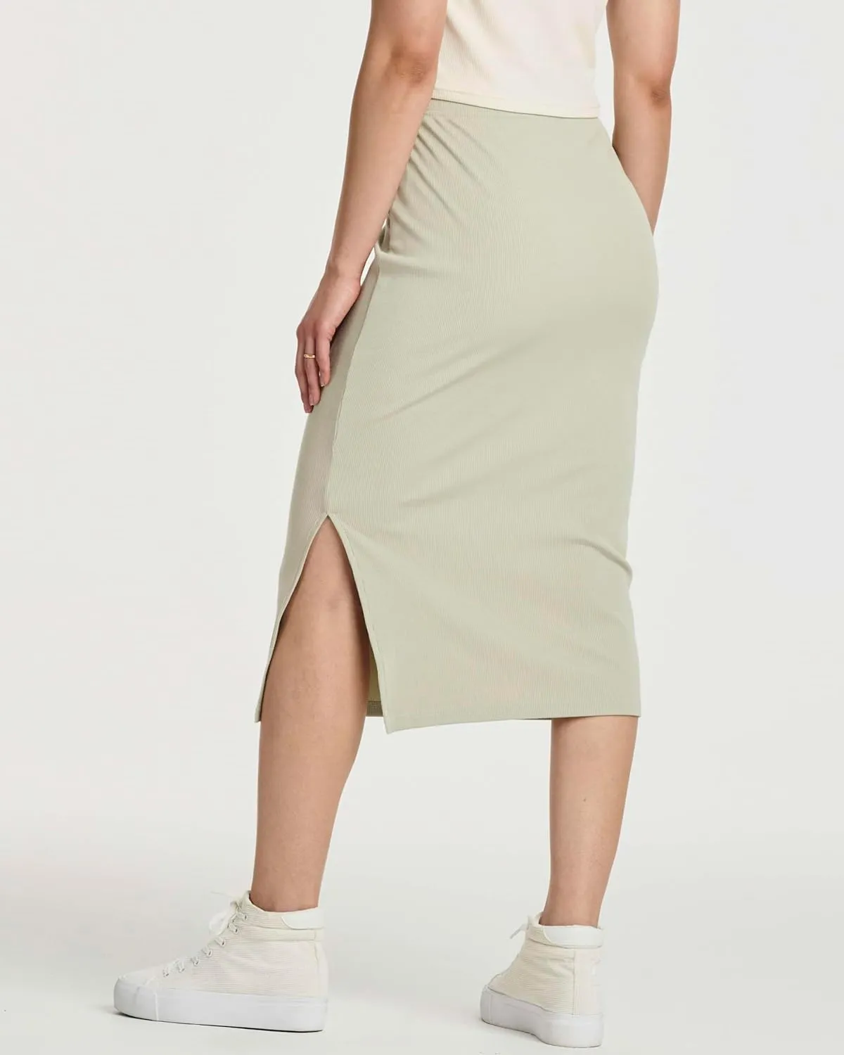 Real Essentials 3 Pack: Women's Midi Ribbed Knit Skirt with Side Slit - Stretchy Work Business Casual Pencil Pull-On Skirts