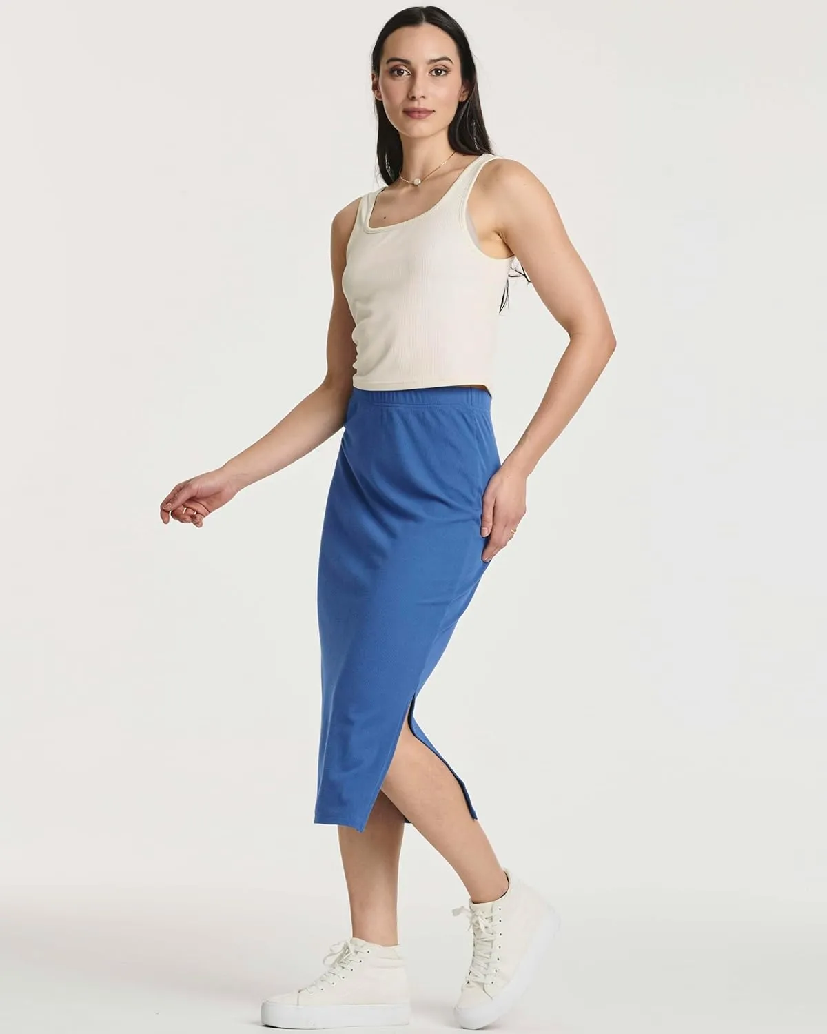 Real Essentials 3 Pack: Women's Midi Ribbed Knit Skirt with Side Slit - Stretchy Work Business Casual Pencil Pull-On Skirts