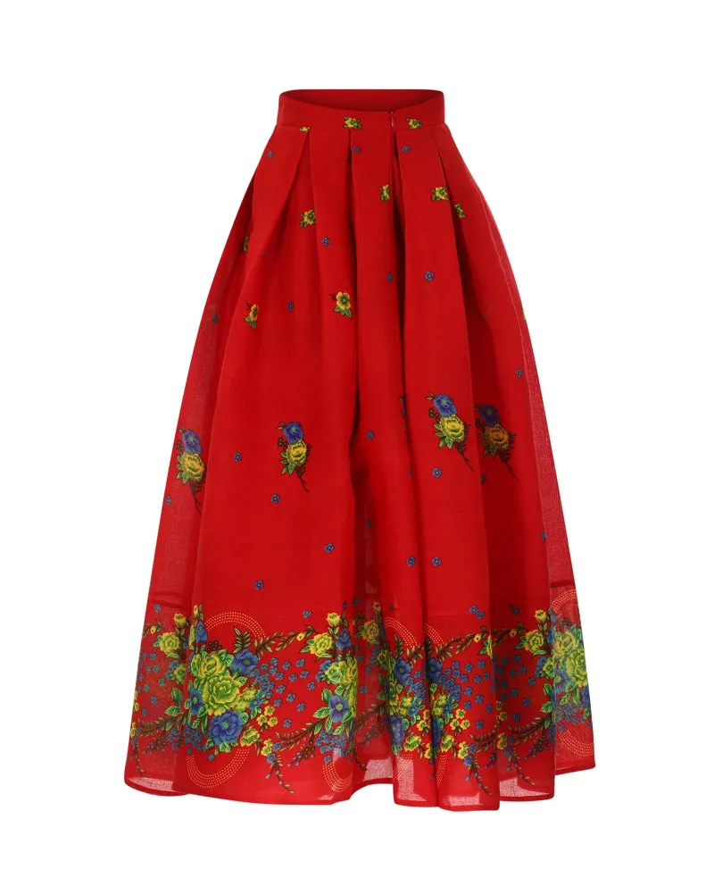 Red Long pleated Skirt