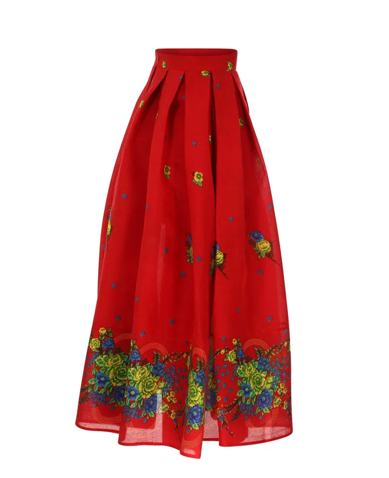 Red Long pleated Skirt