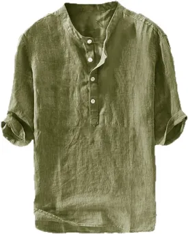 Ryannology Mens Linen Shirts Casual Cotton 3/4 Sleeve Regular-Fit Henley T-Shirt Summer Lightweight Beach Yoga Tops