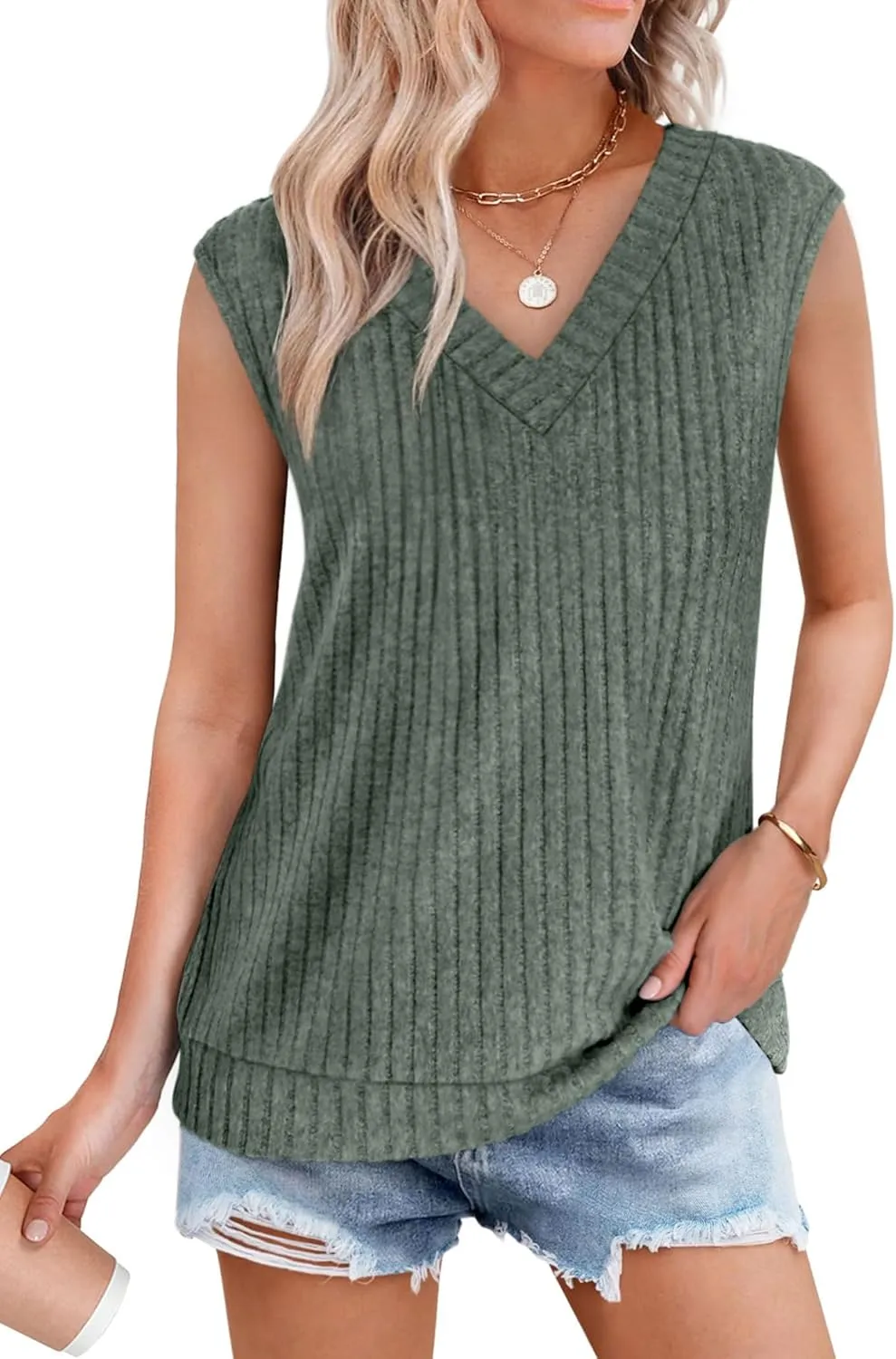 SAMPEEL Womens V Neck Sleeveless Sweater Tank Top Spring Casual Sweater Vest Summer Outifts 2025