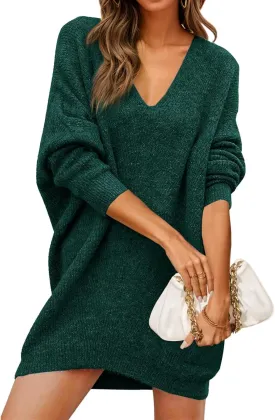 Saodimallsu Womens Oversized Sweater Dress Fall V Neck Long Sleeve Ribbed Knit Casual Loose Mini Pullover Dresses