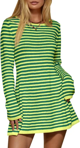 Saodimallsu Womens Striped Pullover Sweater Crew Neck Fall Long Sleeve Trendy Casual Ribbed Knit Tunic Mini Dress