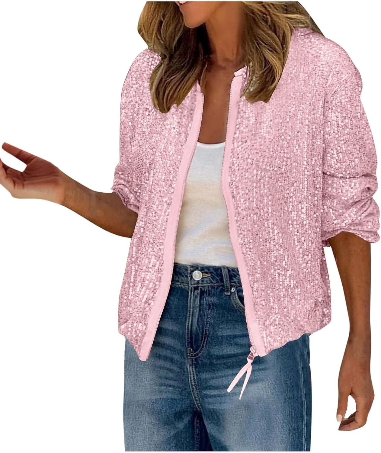 Sequin Jackets for Women Sparkly Bomber Jacket Zip Up Cardigans for Women Trendy Concert Tops for Women