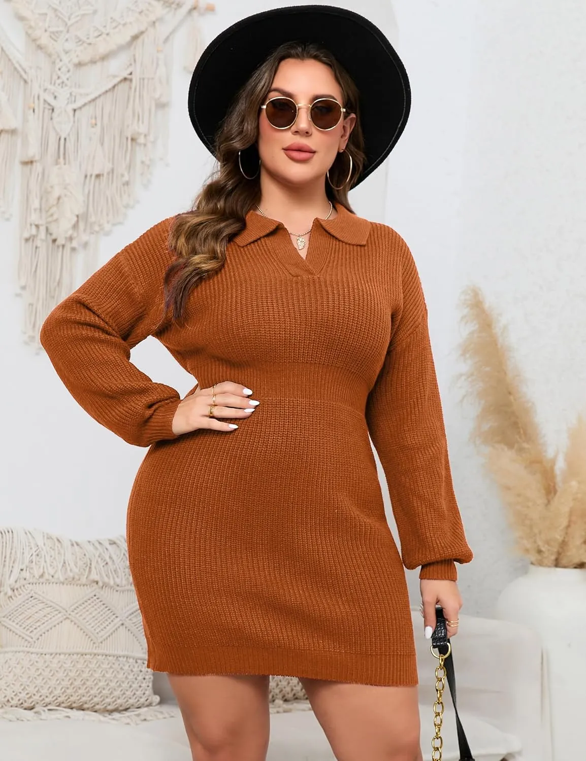 ShopWonder Women Plus Size V-neck Long Sleeve Knit Stretchable Elasticity Slim Sweater Bodycon Midi Pullover Sweater Dress