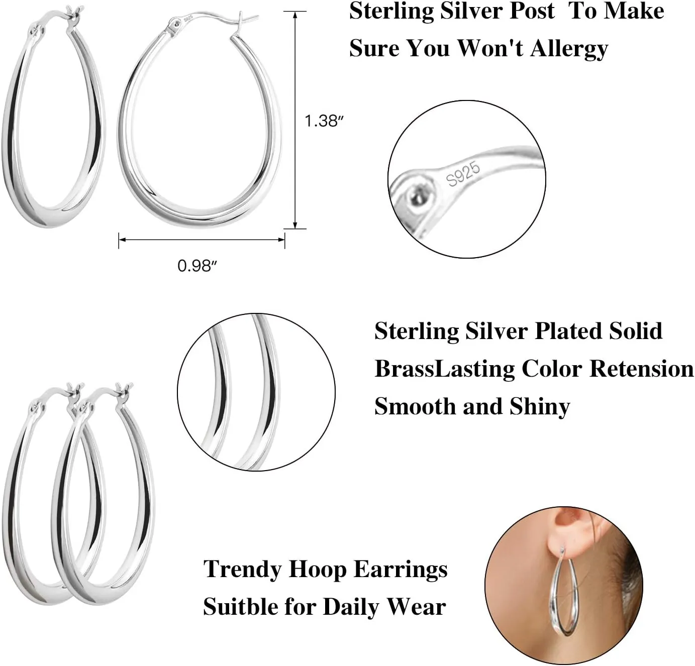 Silver Oval Hoop Earrings Hypoallergenic 14K Gold Plated Sterling Silver Lightweight Oval Hoop Earrings for Women Gilrs