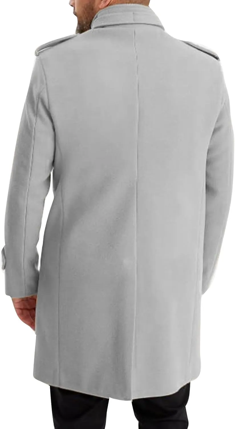 Trench Coat Men Wool Blend Double Breasted Notched Lapel Slim Fit Mid Long Windbreaker Causal Business Overcoat