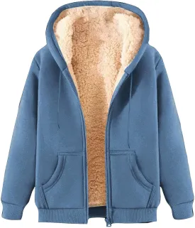 Unisex Women's Fleece Hoodie Jacket Cozy Sherpa Lined Zip Up Warm Hoodie Sweatshirt Winter Fluffy Sweater Hooded Coat