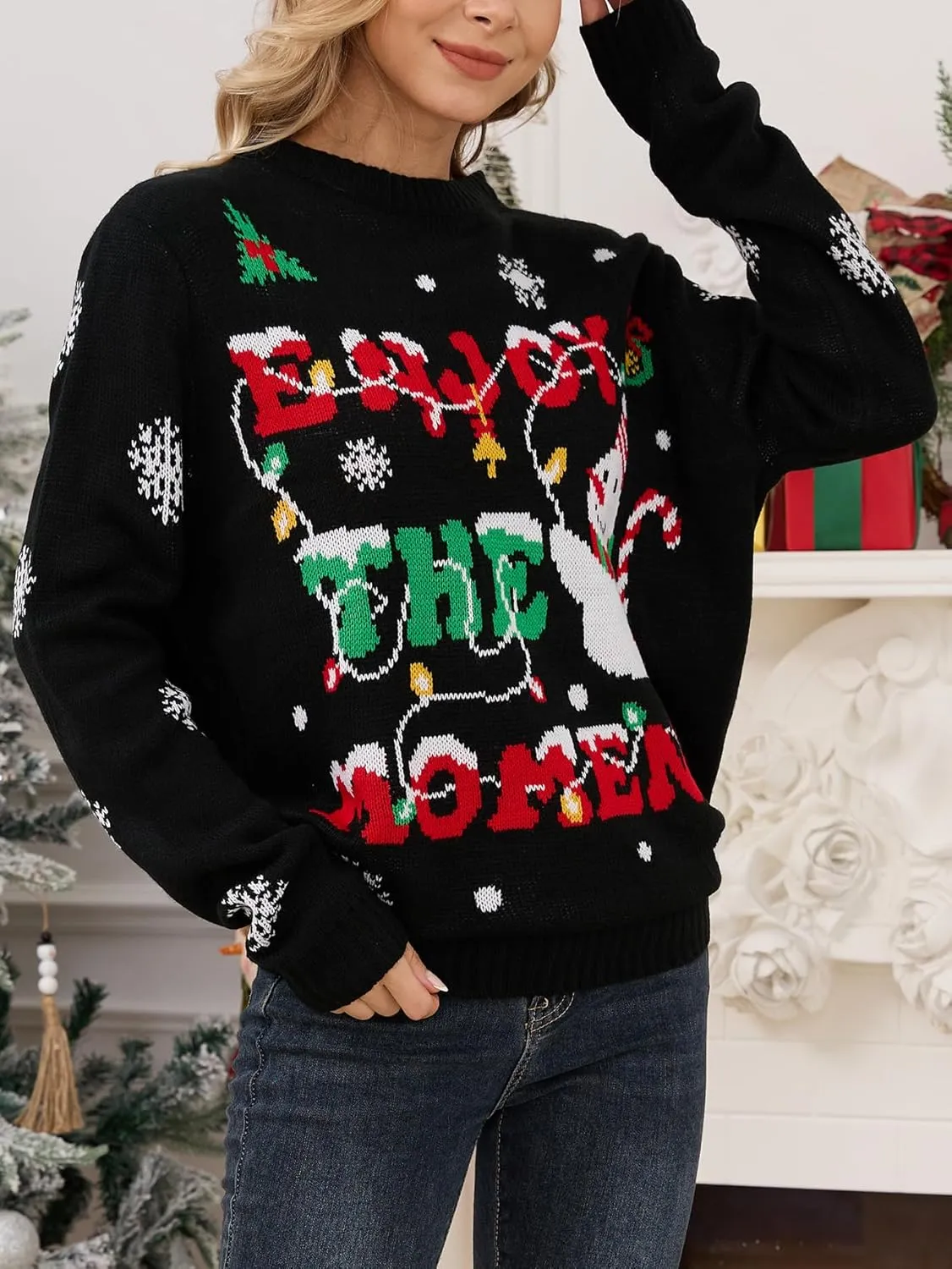 VENTELAN Women's Christmas Sweater Funny Christmas Tree Ugly Pullover Snowflake Long Sleeve Sweater Shirt