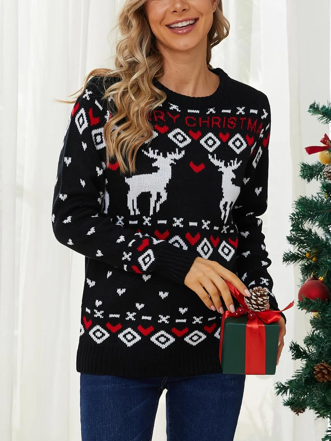 VENTELAN Women's Christmas Sweater Funny Christmas Tree Ugly Pullover Snowflake Long Sleeve Sweater Shirt