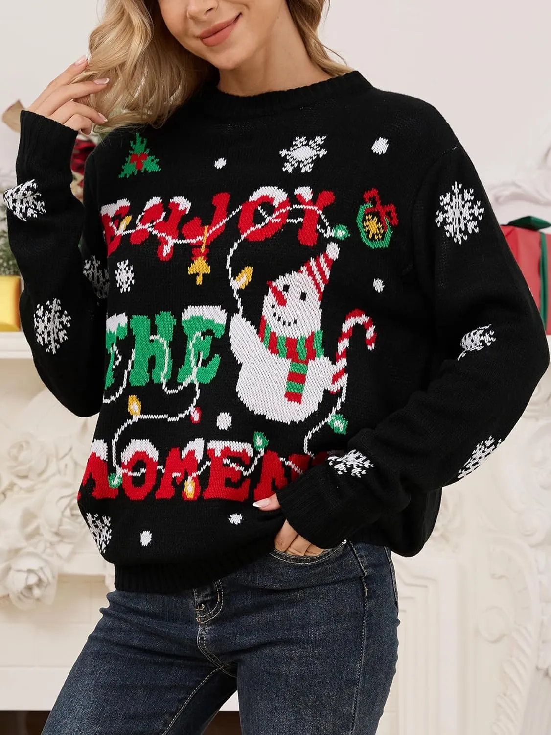 VENTELAN Women's Christmas Sweater Funny Christmas Tree Ugly Pullover Snowflake Long Sleeve Sweater Shirt
