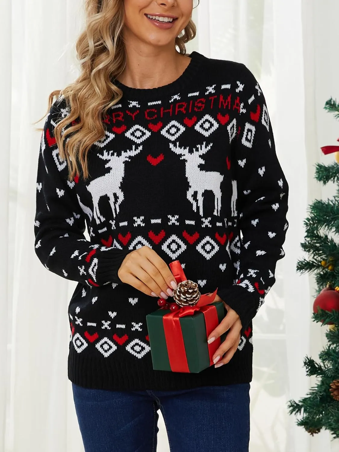 VENTELAN Women's Christmas Sweater Funny Christmas Tree Ugly Pullover Snowflake Long Sleeve Sweater Shirt