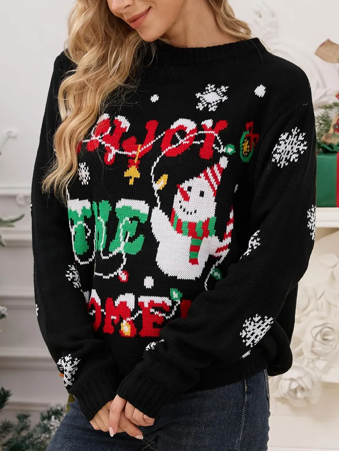 VENTELAN Women's Christmas Sweater Funny Christmas Tree Ugly Pullover Snowflake Long Sleeve Sweater Shirt