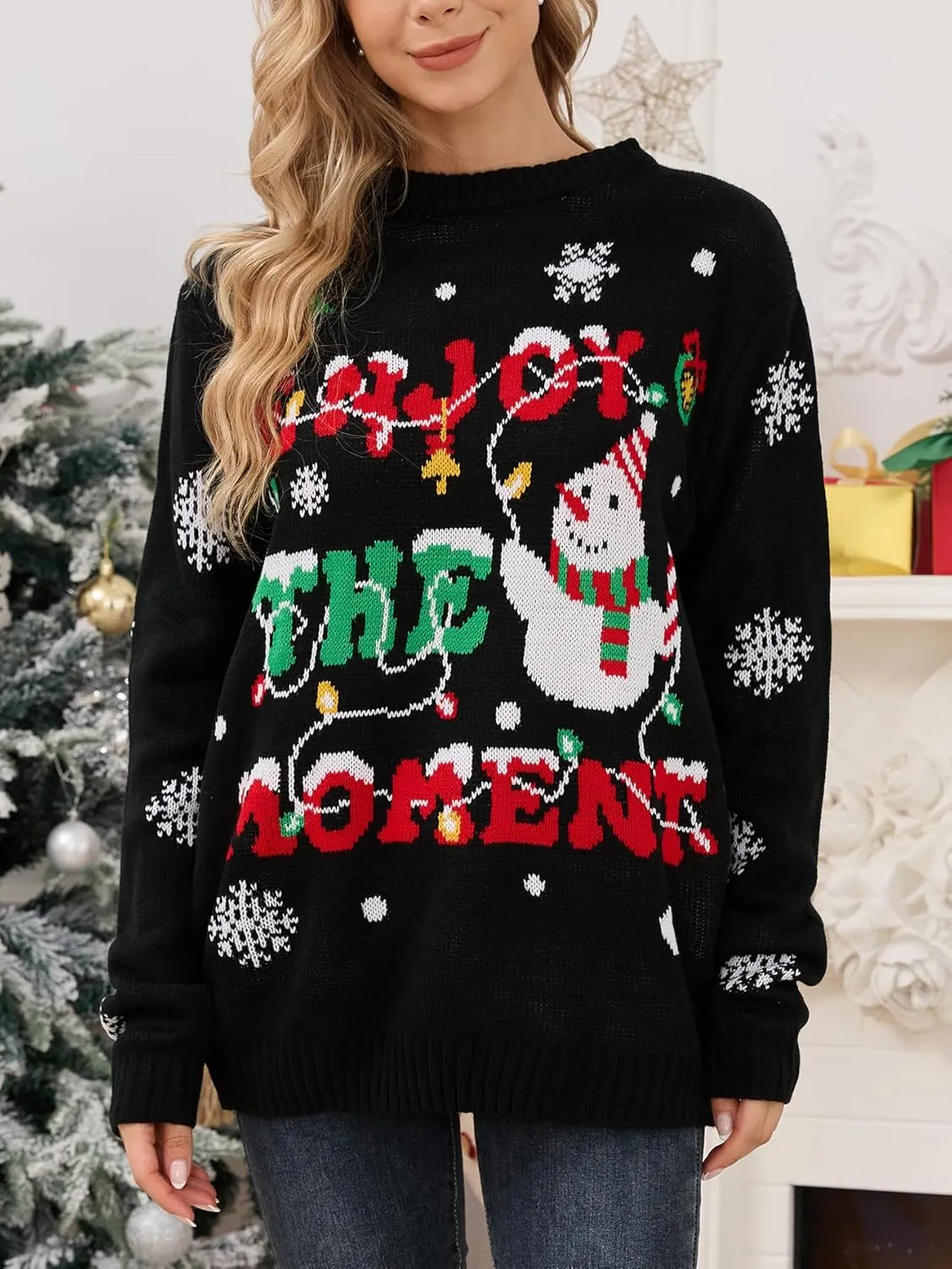 VENTELAN Women's Christmas Sweater Funny Christmas Tree Ugly Pullover Snowflake Long Sleeve Sweater Shirt
