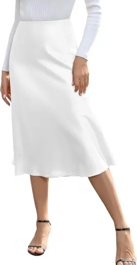 We1Fit Women's High Waisted Satin Skirt Elegant A-Line Cocktail Party Wedding Silk Skirts