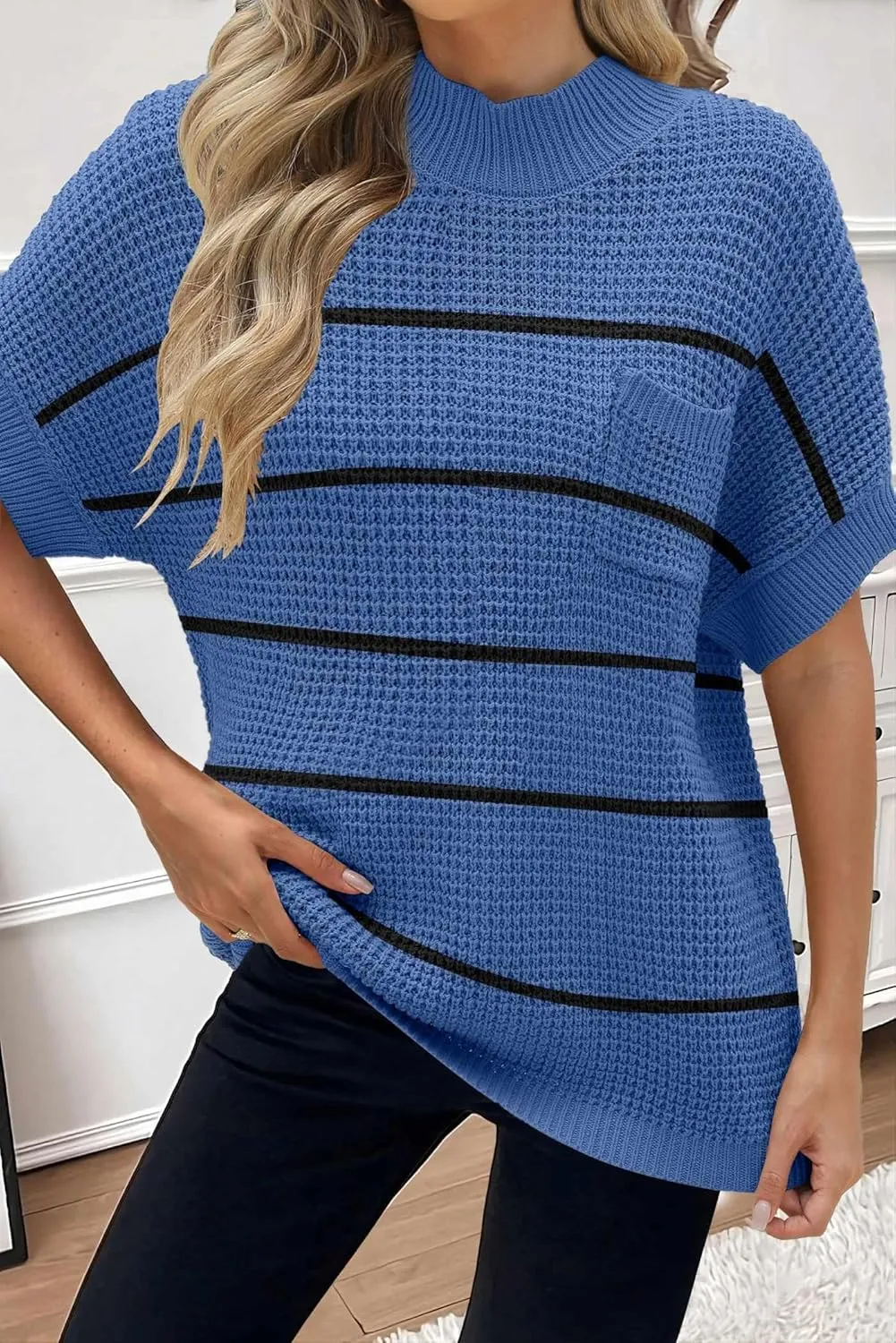 Women 2024 Sweater Vest Mock Neck Batwing Short Sleeve Oversized Ribbed Knit Tops Fall Pullover Sweater S-XXL