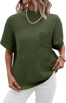 Women 2024 Sweater Vest Mock Neck Batwing Short Sleeve Oversized Ribbed Knit Tops Fall Pullover Sweater S-XXL