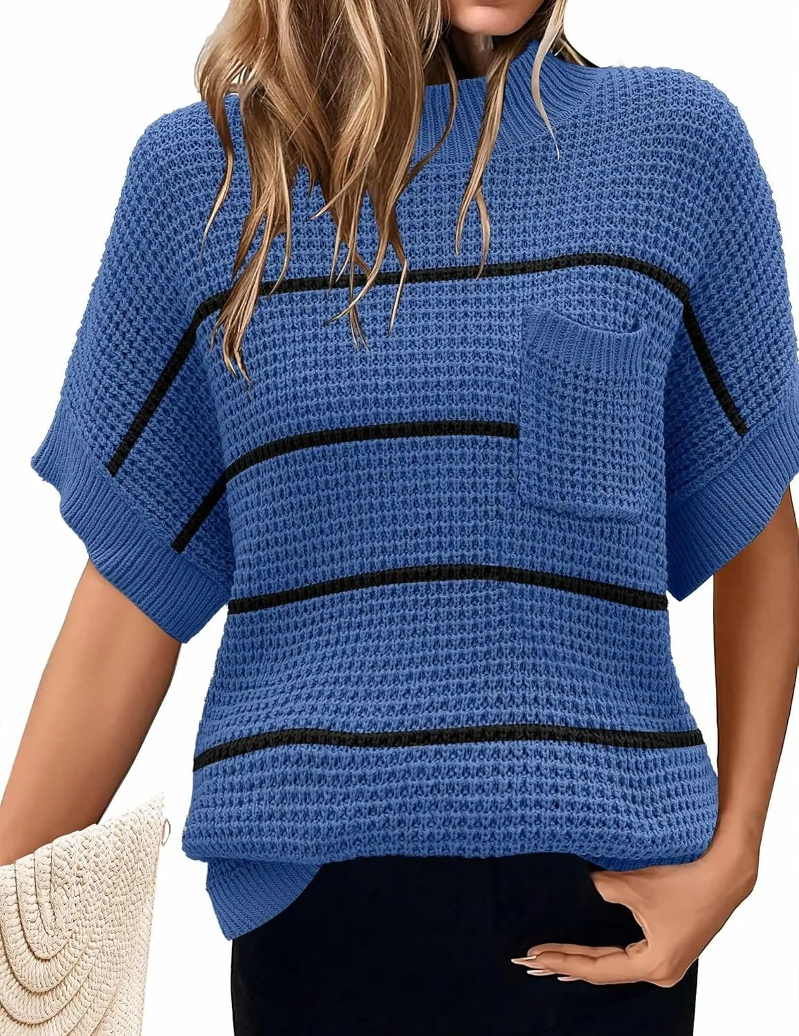 Women 2024 Sweater Vest Mock Neck Batwing Short Sleeve Oversized Ribbed Knit Tops Fall Pullover Sweater S-XXL