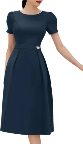 Women A-Line Midi Dresses Short Puff Sleeve O-Neck Fitted Waist Robes Solid Pleated Party Dress
