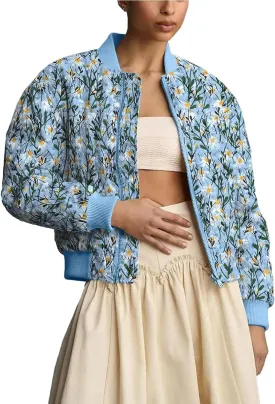 Women's Embroidered Daisy Cropped Bomber Jacket Long Sleeve Zipper Down Coat Outerwear
