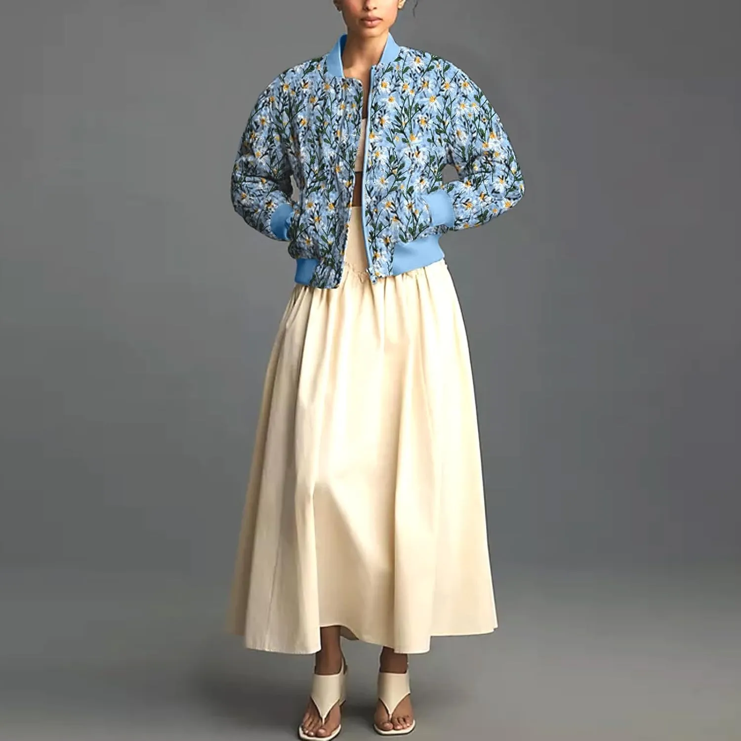 Women's Embroidered Daisy Cropped Bomber Jacket Long Sleeve Zipper Down Coat Outerwear