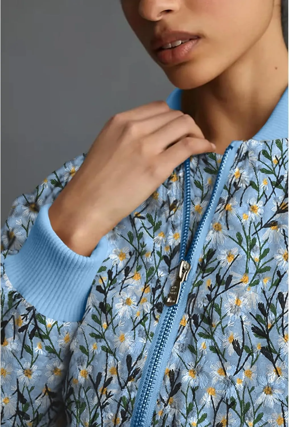 Women's Embroidered Daisy Cropped Bomber Jacket Long Sleeve Zipper Down Coat Outerwear