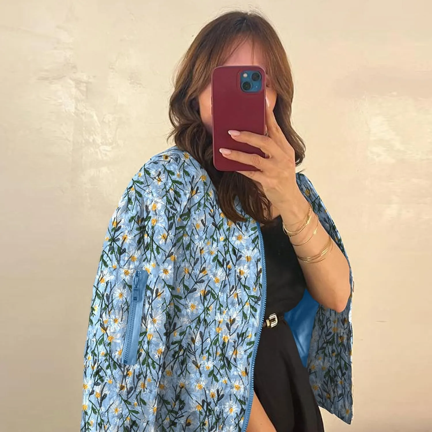 Women's Embroidered Daisy Cropped Bomber Jacket Long Sleeve Zipper Down Coat Outerwear