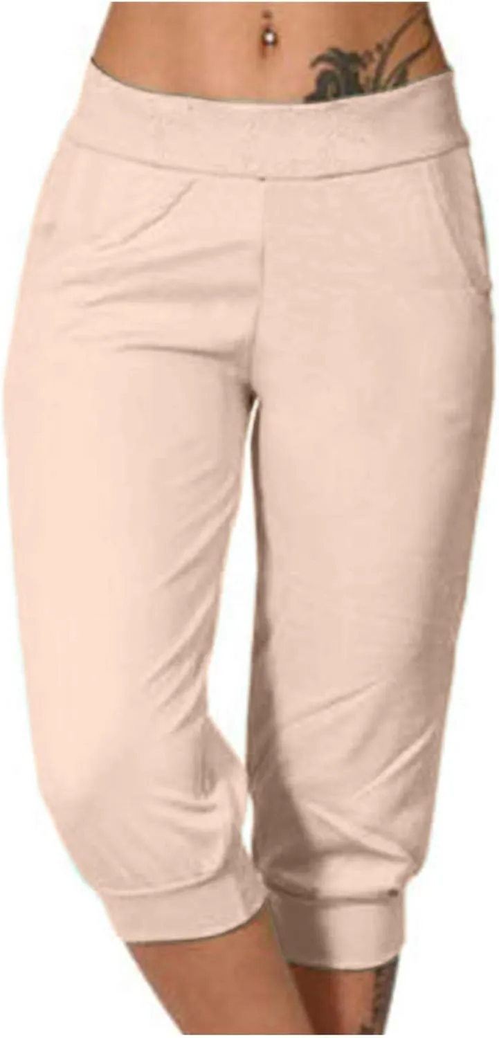 Women's High Waist Stretch Pant Elastic Summer Casual Capris Sweatpant Mid Calf Length Trouser Sport Vacation Pants