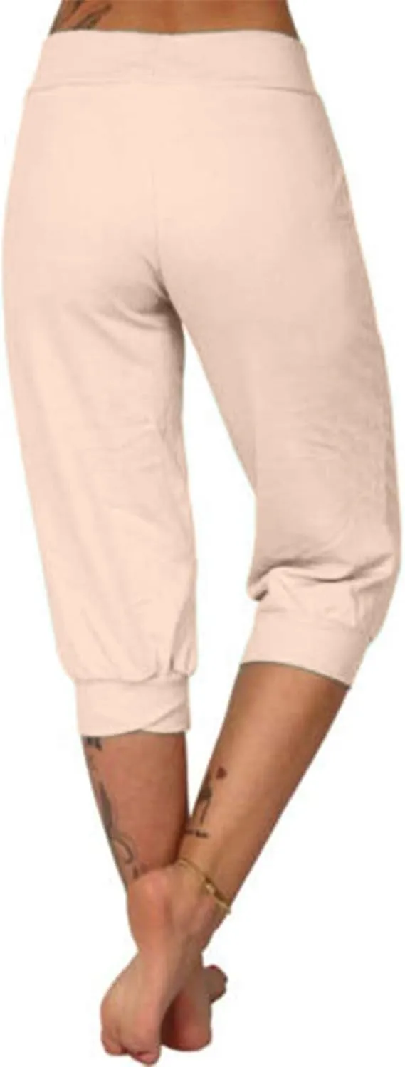 Women's High Waist Stretch Pant Elastic Summer Casual Capris Sweatpant Mid Calf Length Trouser Sport Vacation Pants