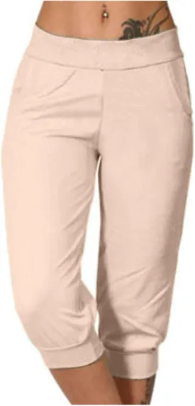 Women's High Waist Stretch Pant Elastic Summer Casual Capris Sweatpant Mid Calf Length Trouser Sport Vacation Pants