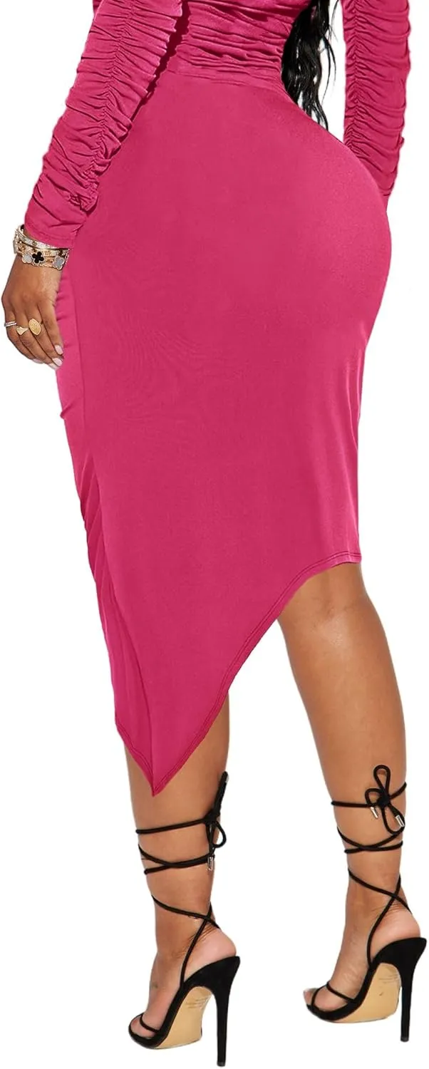 Womens Sexy Ruched Bodycon Midi Skirts High Waist Party Club Long Pencil Skirt